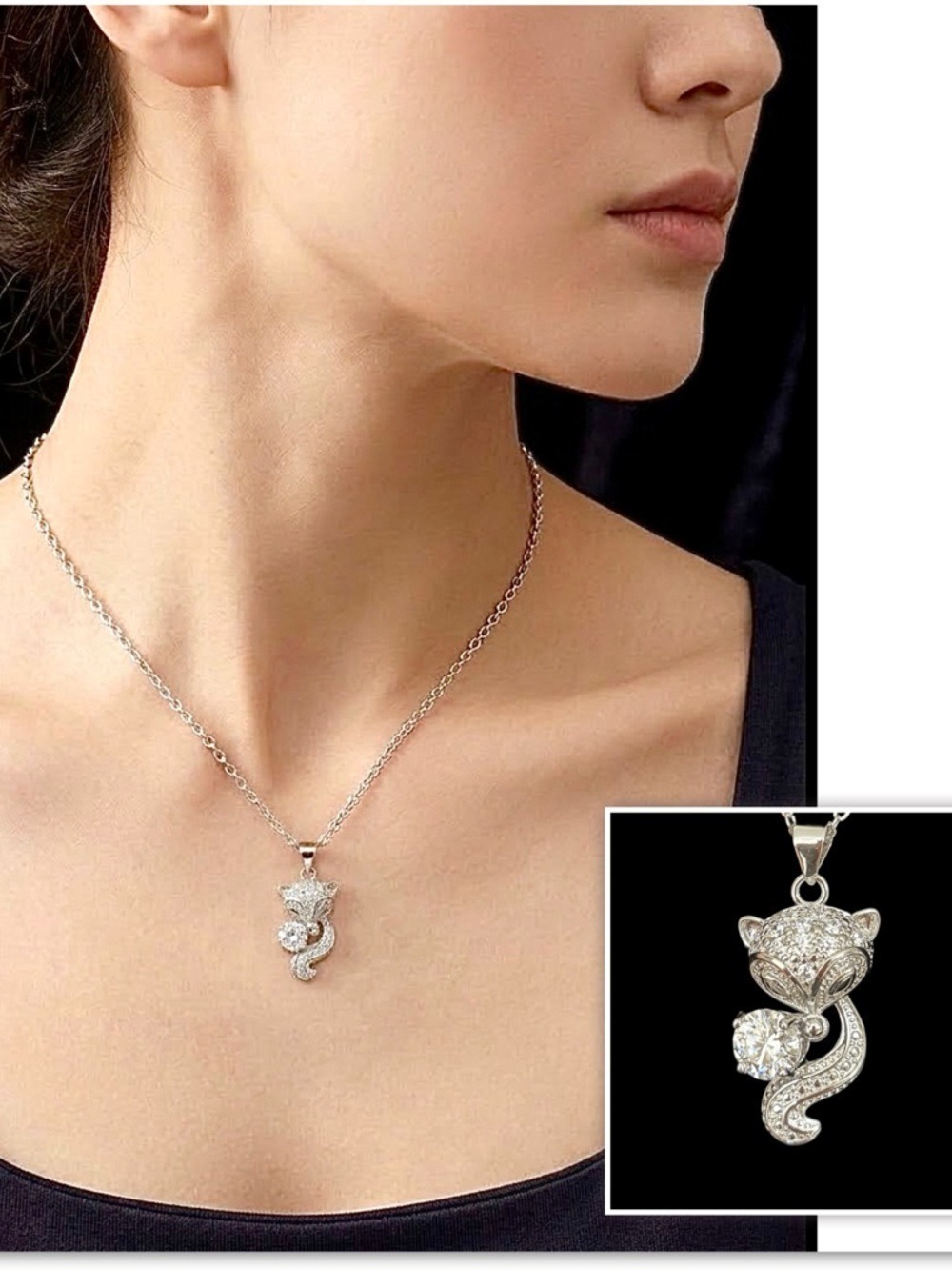 Moissanite over 925 Sterling Silver Fox Pendant Necklace